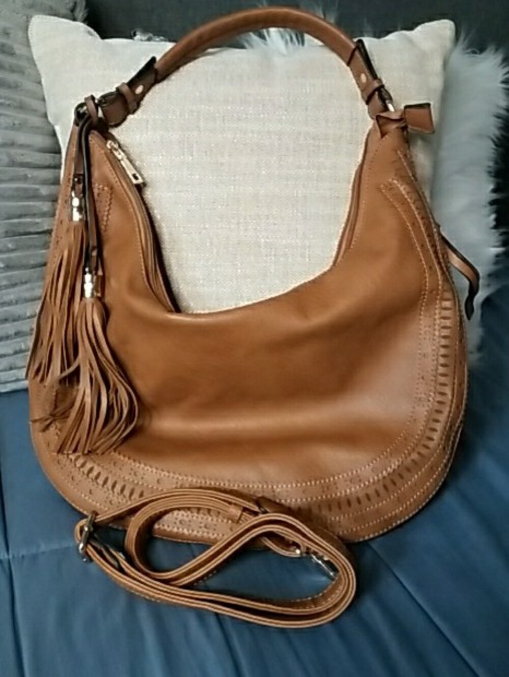 Macy's Large Brown Leather Shoulder Bag with Tassel - Picture 2 of 16